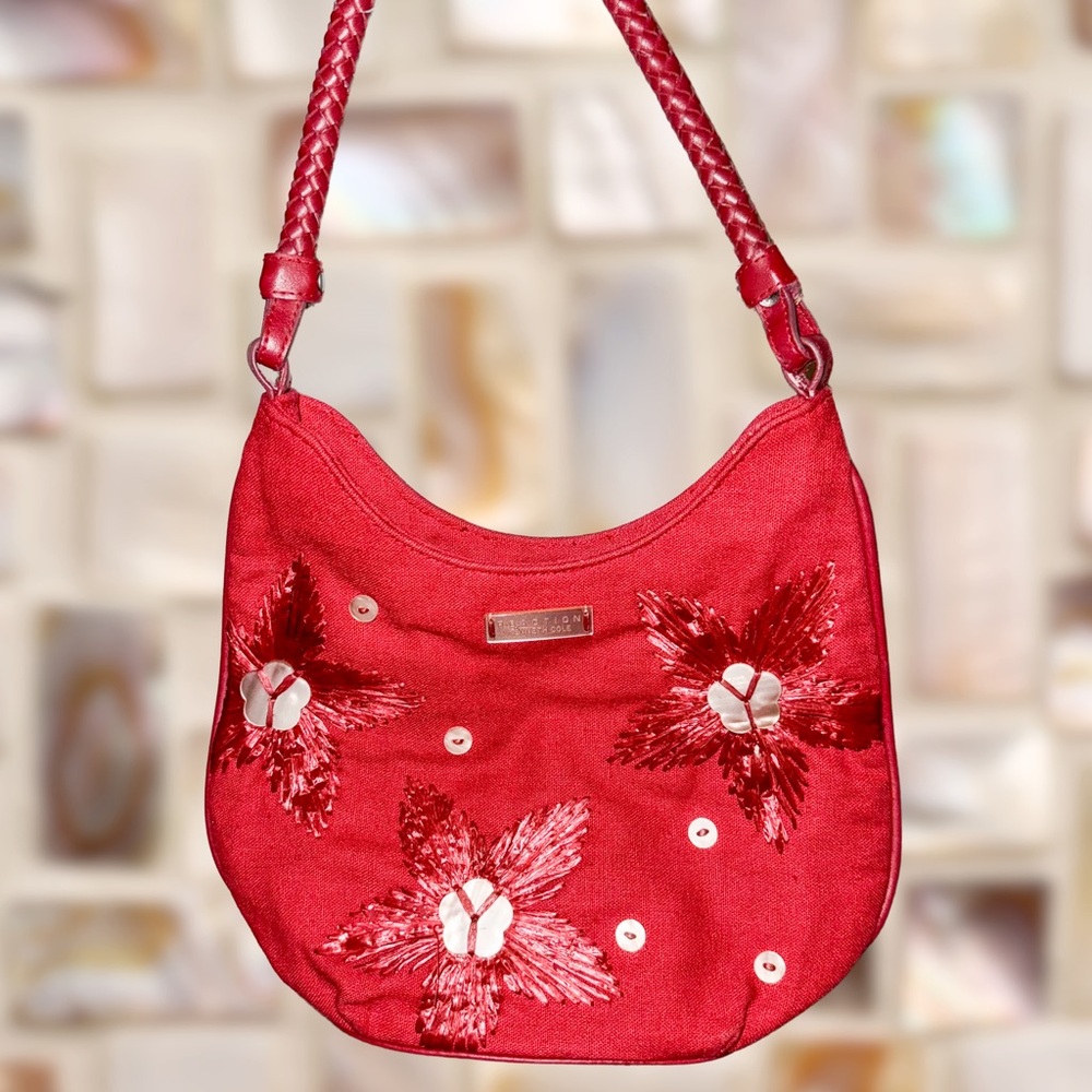 Red Y2K Purse ⚡️ Embroidered with Mother of Pearl Flowers ⚡️ Shoulder Bag